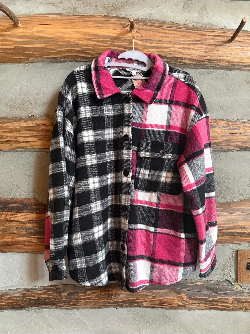 Plaid Button-Down Shacket in Pink & Black